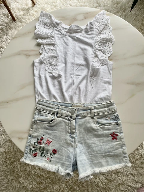 Girls H&M White Frill Top & Next Floral Denim Shorts Set  Outfit 8-9Years
