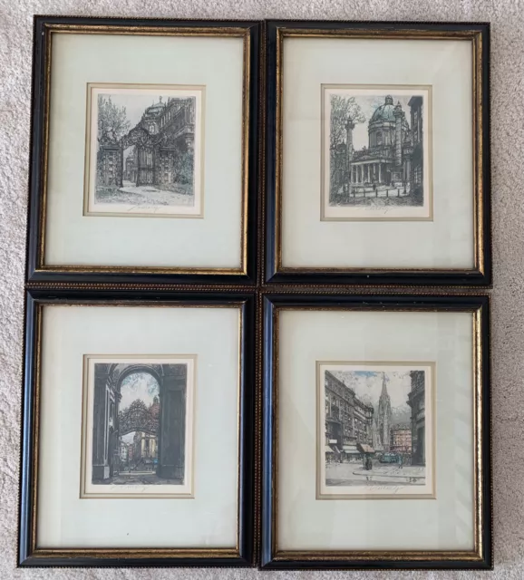 Lot Of 4 Framed Orig Vienna Etchings By Andrew Karoly Pencil Signed