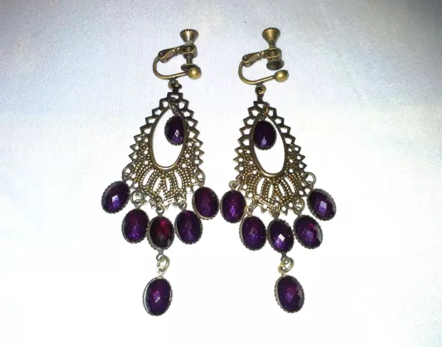 Vintage Chandelier earrings purple stone bronze toned dangling multistone twist