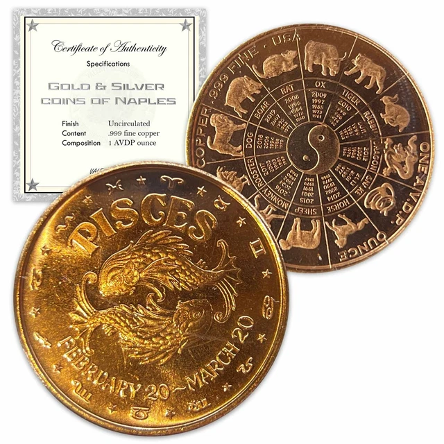 1 oz Copper Round - Pisces in a capsule & gift bag