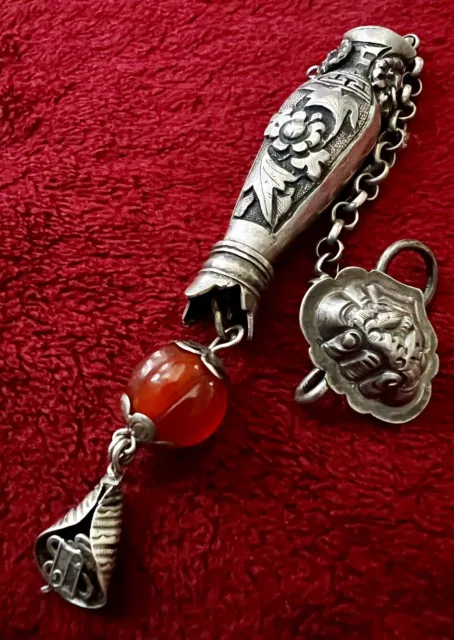 Chinese Silver Needle Case Ornate W/Carnelian And Hook Antique