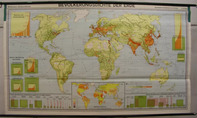 schöne Schulwandkarte Weltkarte Menschen Bevölkerung Erde 237x140 1967 vintage