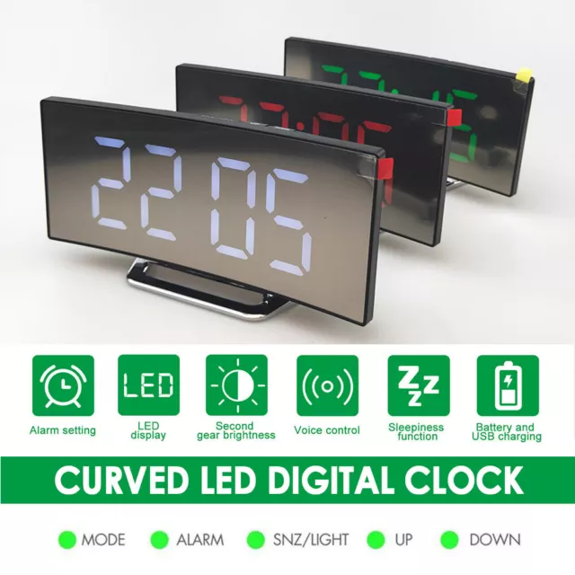 LED Curved Digital Alarm Clock USB Temperature Mirror Display Snooze Bedside