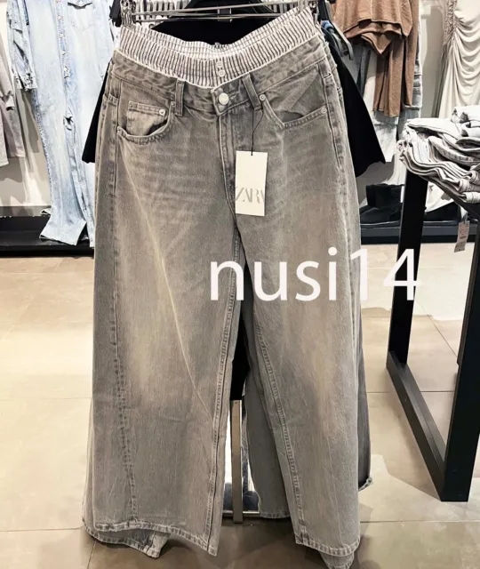 Zara New Woman Low-Rise Wide-Leg Trf Boxer Jeans Pant Light Grey 5520/019