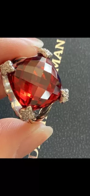 USED David Yurman 15mm  GARNET Cushion On Point Diamond Ring Size 8