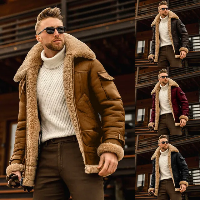 Men's Casual Coat Lapel Jacket Denim Warm Fur Collar Fleece Lined Winter Jacket