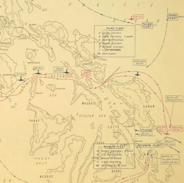 WWII LEYTE GULF Battle Map Philippines Samar Surigao Strait Sibuyan ...