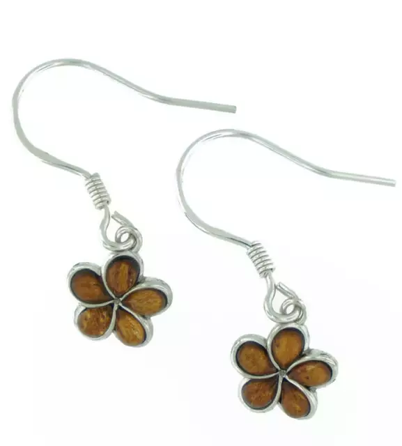 925 Sterling Silver Hawaiian Koa Wood Dangle Earring - Plumeria Flower