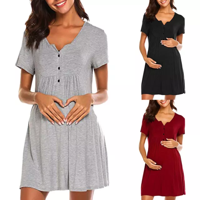Women's Nursing Maternity Nightshirts Breastfeeding Clothes Short Sleeve Dress