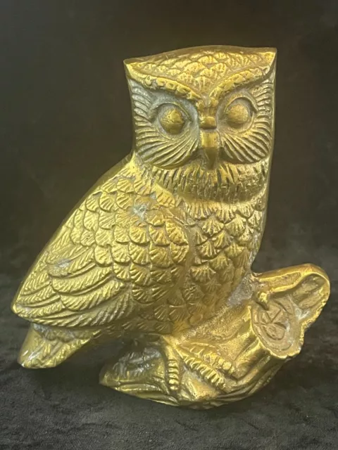 Vintage Brass Owl Perched on a Log 5"