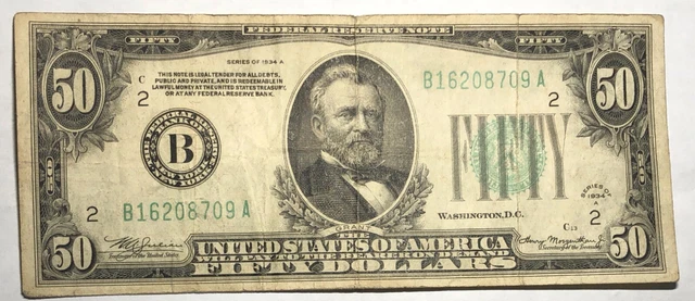 1934A green seal $50 bill. Federal Reserve Note B New York. Fine.  FR-2103B  #7