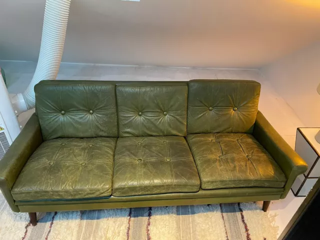 Danish mid-century Svend Skipper Olive Green leather 3 seater vintage sofa