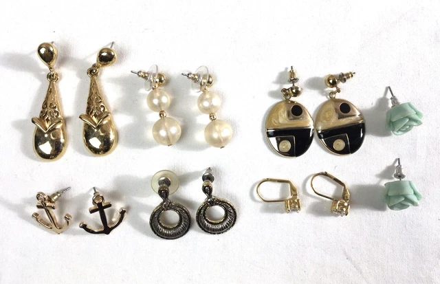Lot of 7 Pairs of Gold Tone Pierced Earrings Anchor Dangle Stud Flower Enamel