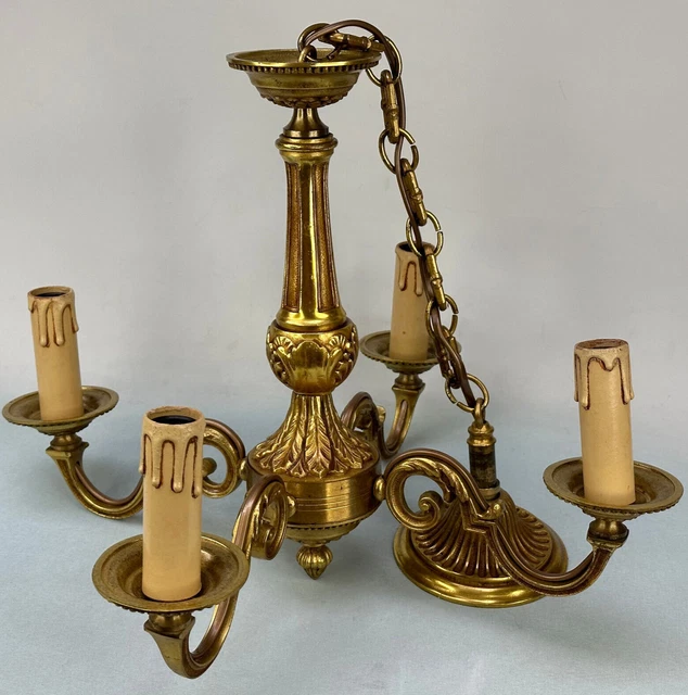 Vintage French Ornate Neo Classical 4 Arm Heavy Bronze Ceiling Light Chandelier