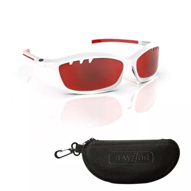 RayZor White Sports Wrap Sunglasses Uv400 Vented Red Mirrored Lens RRP£49 (401)