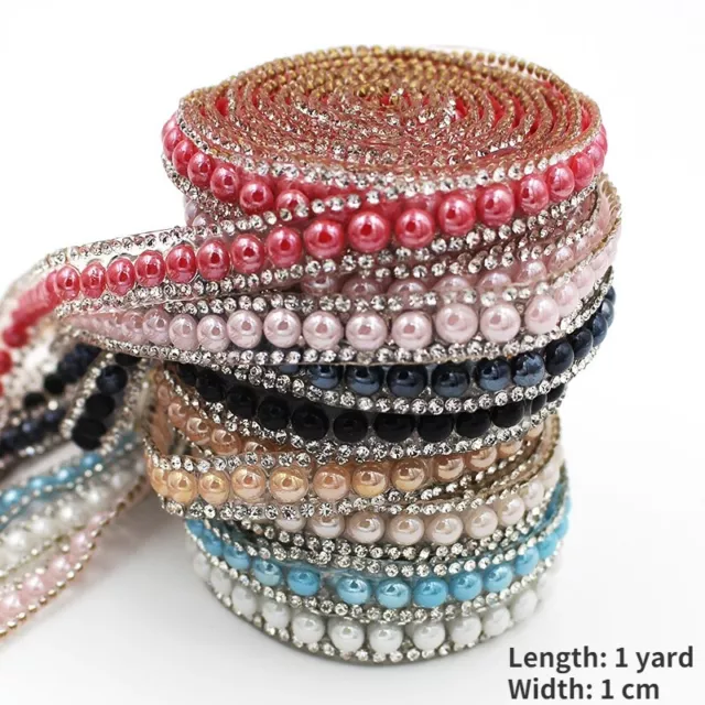 1yard Faux Pearl Trim Hotfix Tape Rhinestone Ribbon Iron on Clothing Applique