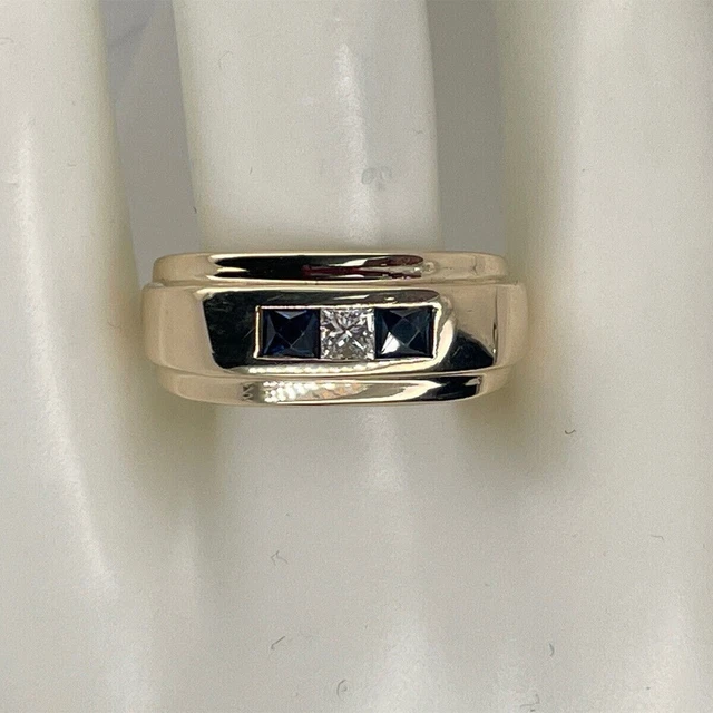 Men's 0.75 Ct Natural Sapphire & Moissanite 3-Stone Band Ring in 14K Yellow Gold