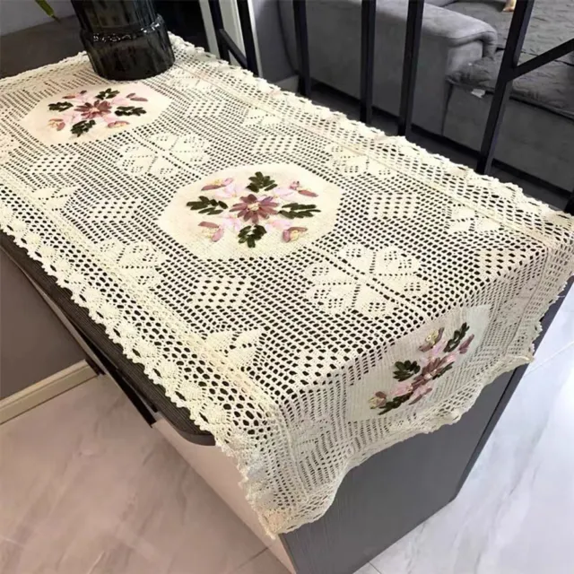 15"x35" Vintage Hand Crochet Embroidered Lace Table Runner Dresser Scarf Doily