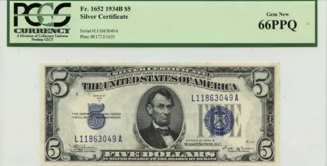 1934B $5 Silver Certificate  Blue FR#1652 PCGS Gem 66PPQ