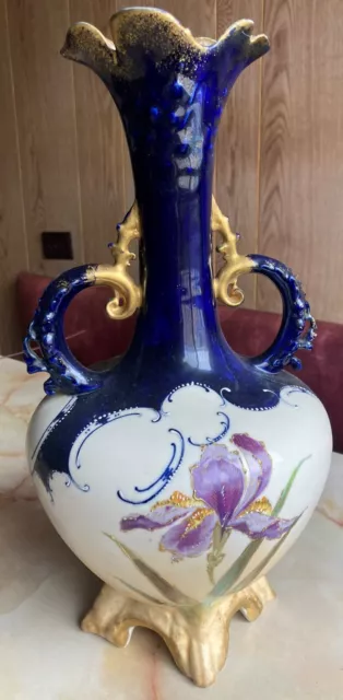 Antique Monumental Cobalt Blue Austrian Teplitz Vase Ewer 14.5” H Marked 2