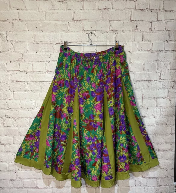 Vintage Floral Pleated Skirt Jungle Theme 90s Maxi Skirt Elastic Waist Size XL