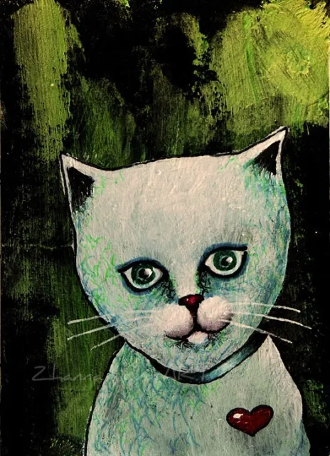 ACEO ORIGINAL ACRYLIC artistic FANTASY CUTE Cat PORTRAIT Painting MINIATURE ART