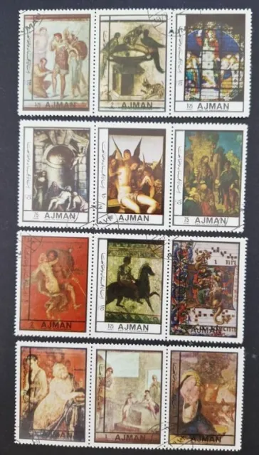 Ajman art stamps x12 in strips of three. (s444)