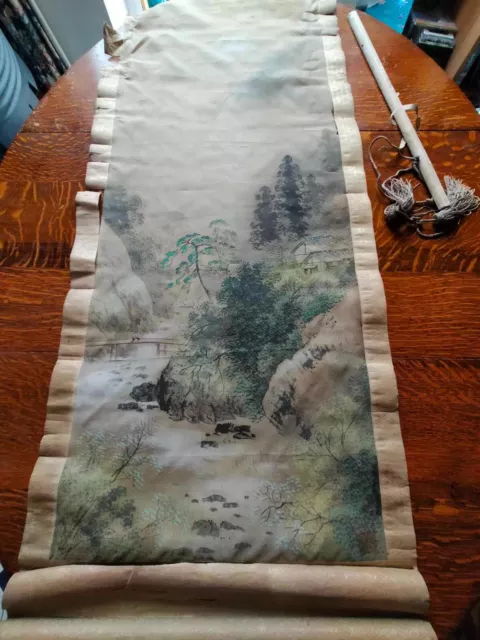 Antique Chinese Japanese Silk painted scroll in need of TLC Mountain scene