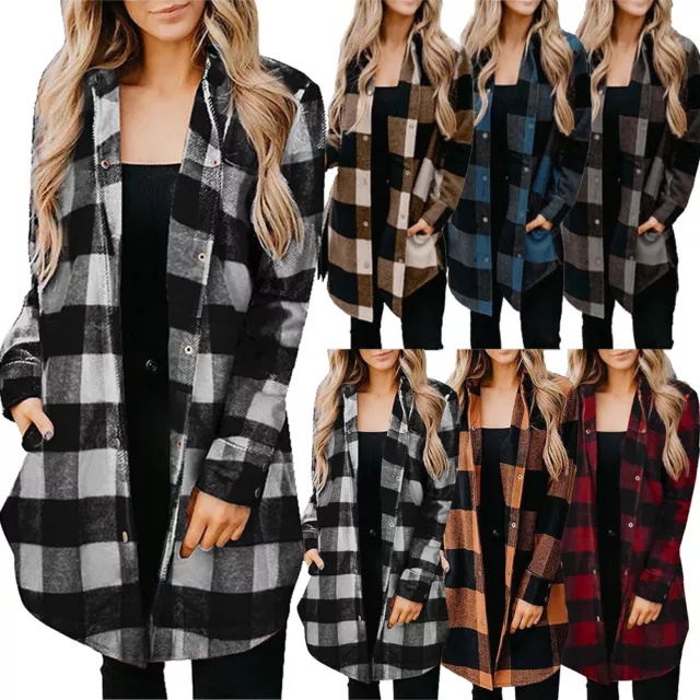 Donna Manica Lunga Plaid Camicia Cappotto Top Larga Casual Camicetta Più Misu -