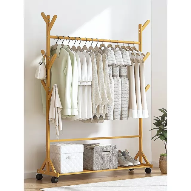 Portable Clothes Rack Coat Garment Stand Bamboo Rail Hanger Airer Closet - Wood