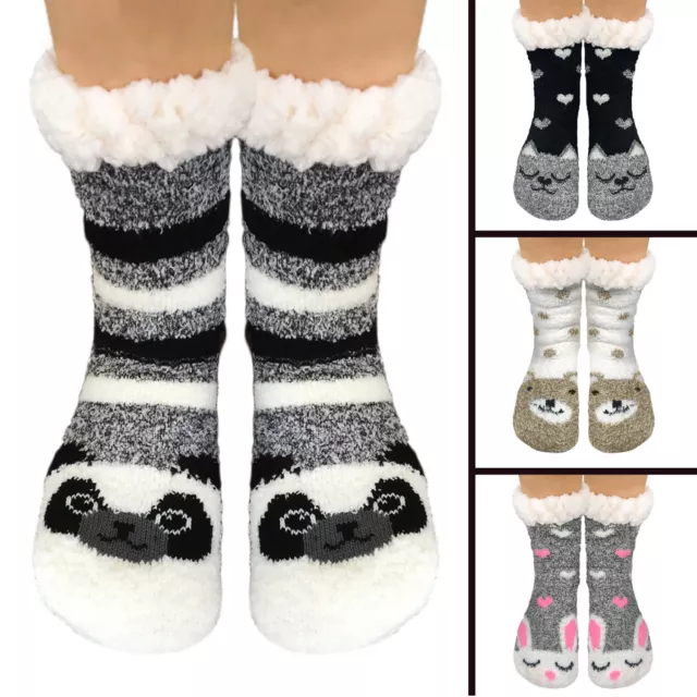 Ladies Girls Warm Fluffy Soft Animal Fur Fleece Lined gripper Bed Slipper Socks