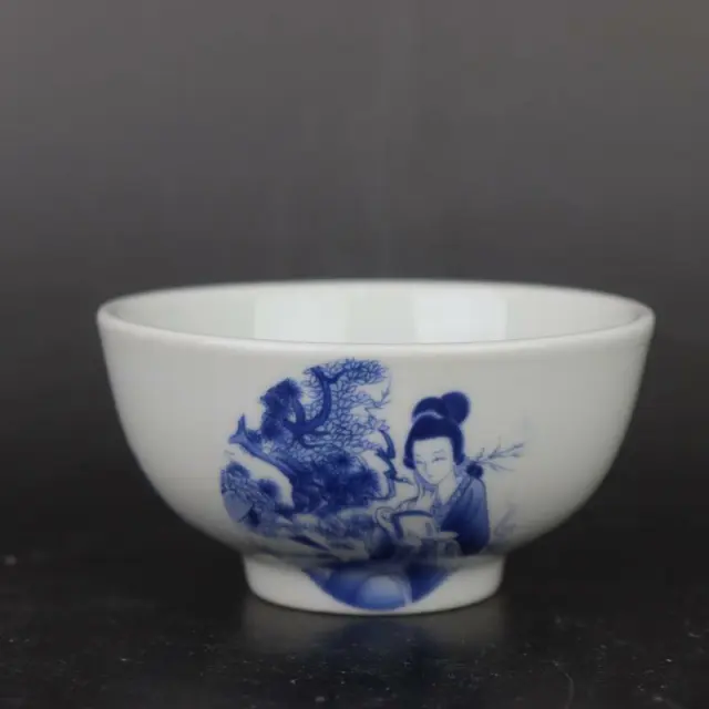 Chinese Blue and White Porcelain Qing Qianlong Beauty Pattern Bowl 4.1 inch