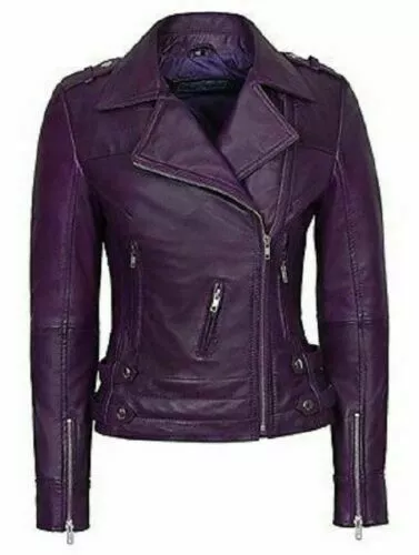 Women's Purple Color Biker Jacket 100% Real Lambskin Leather Motorcycle Jacket