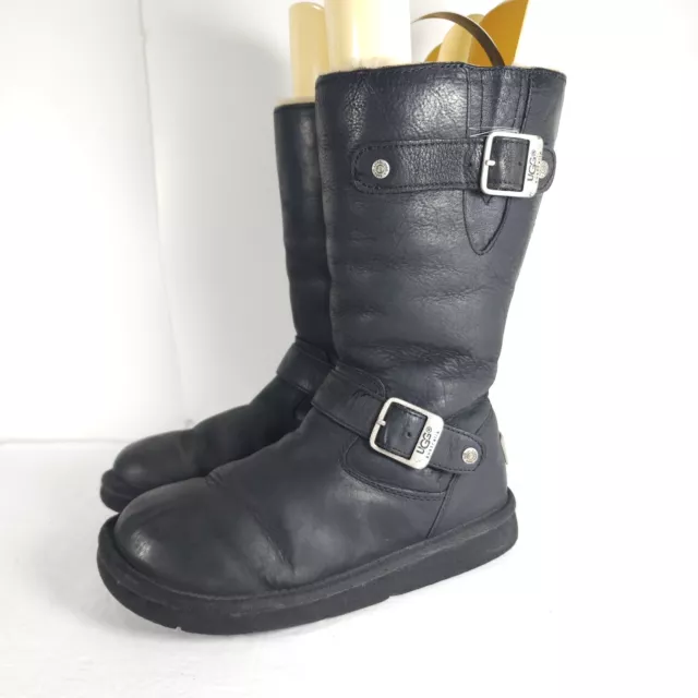 UGG Australia Women’s KENSINGTON US5 Black Leather Sheepskin Biker Boots 5678