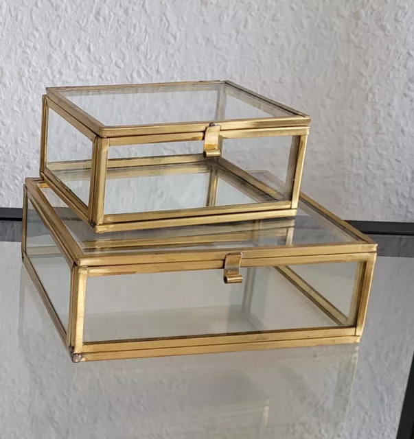 2 Schmuckschatullen Box Aufbewahrung Glas Gold