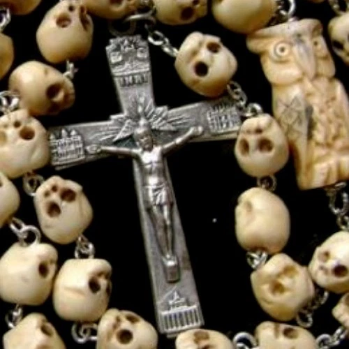 Vintage Tibet Oxen Bone Skull Beads Owl Rosary Crucifix Catholic Necklace Cross