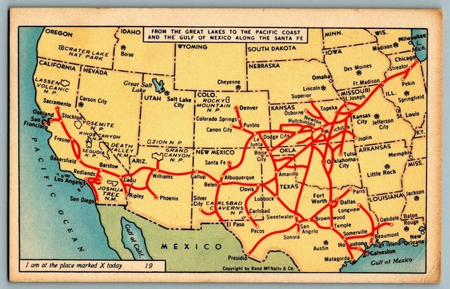 VTG Postcard~ Sante Fe Railway~ Railroad System Map