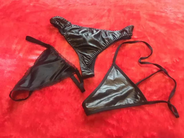 New Ann Summers 3 Pairs Womens Sexy Pvc Black Thong Briefs M/L 2