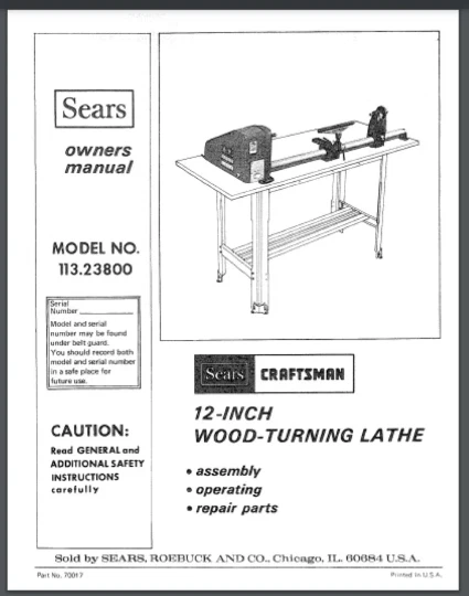 Craftsman lathe 113.23800 Owners manual 24 pages Comb bound gloss cover