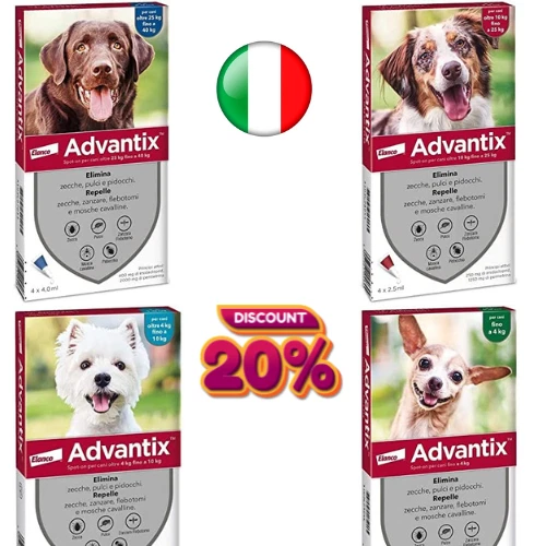 4 Pipette Advantix Bayer Spot-on per cani da 0-4 / 4-10 / 10-25 / 25-40 kg cane
