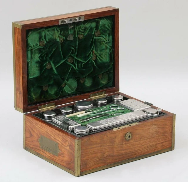 English Antique c.1828 Fitted Vanity Travel Case -Sterling Covered Jars /Bottles