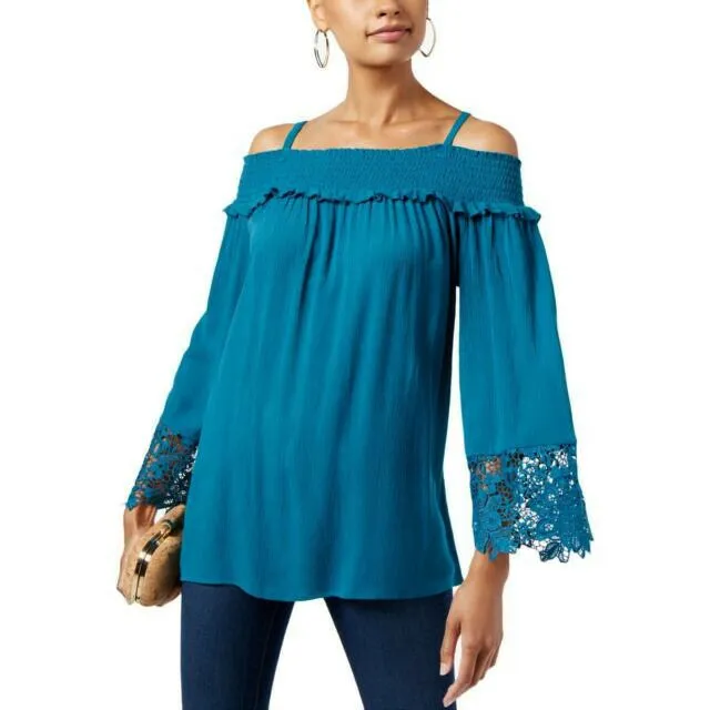 NEW Inc 0X Women's Teal Blue Lace Trim Bell Sleeve Cold Shoulder Blouse Top XL