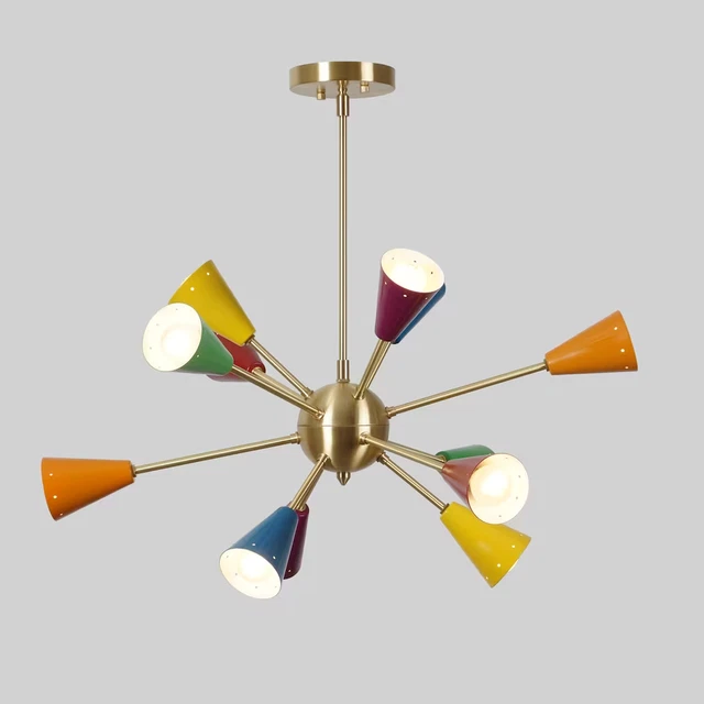 Lustre Spoutnik Stilnovo – 6 Bras / 12 Lumières, Laiton Et Noir, Style Mid-Century