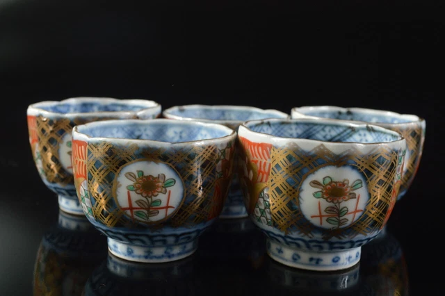 G7246: Japanese Old Imari-ware Gold paint Flower TEA CUP Senchawan 5pcs