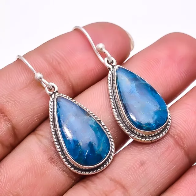 Neon Blue Apatite -Bahia Mines Handmade 925 Sterling Silver Earring 1.56" E72