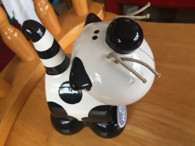 ceramic cat money box with string whiskers black/white 5'' x 3''bird on a wire 2