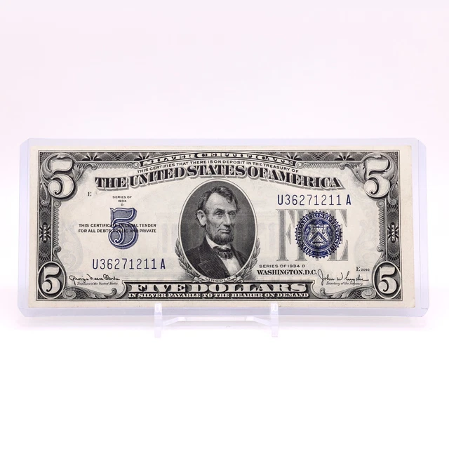 1934D $5 NICE AU Five Dollar US Silver Certificate BLUE SEAL F1654 Clarke Snyder