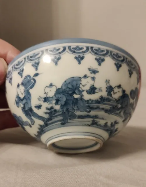 Beautiful Old Blue & White Chinese Teabowl Children Playing Dbl Blue Ring Mark