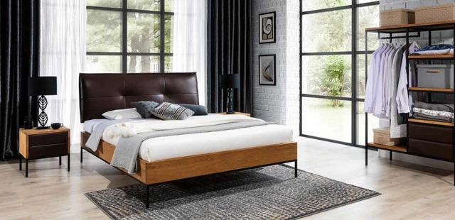 3 Parties Set Complet Bois Chambre à Coucher Loft Style Lit Design Commode Neuf
