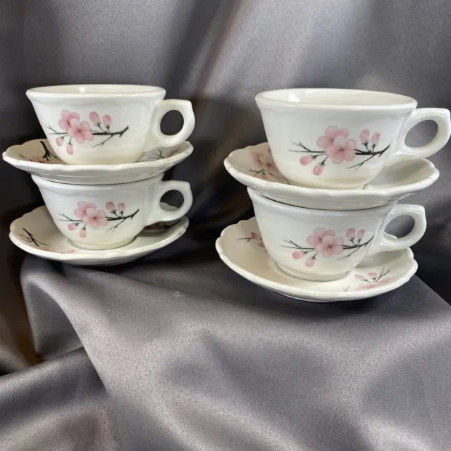 Vintage Syracuse China Restaurant Ware Set of 4 Cups and Saucers Pink Floral